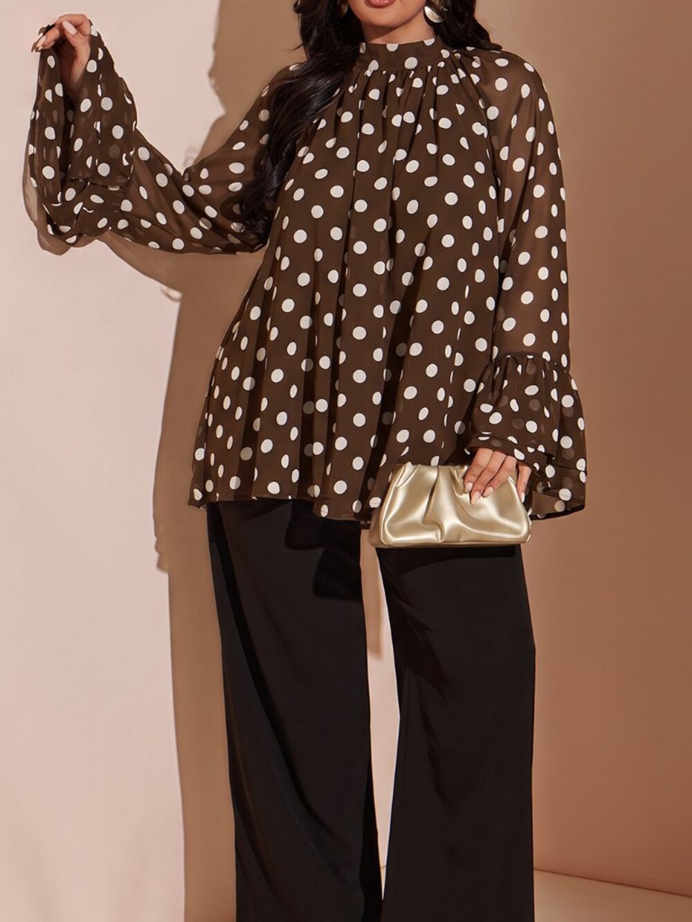 Brown Elegant Women's Plus Size Polka Dot Chiffon Ruffle Blouse
